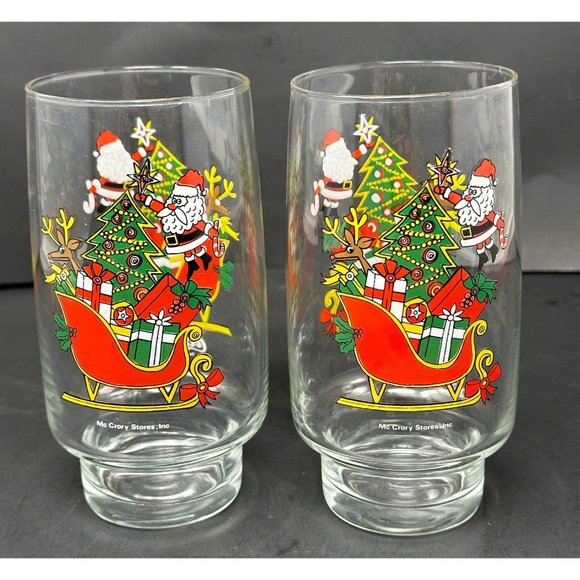 1985 (2) MCCRORY STORES Santa COCA COLA Tumbler Glasses Christmas Tree Sleigh - Picture 3 of 11